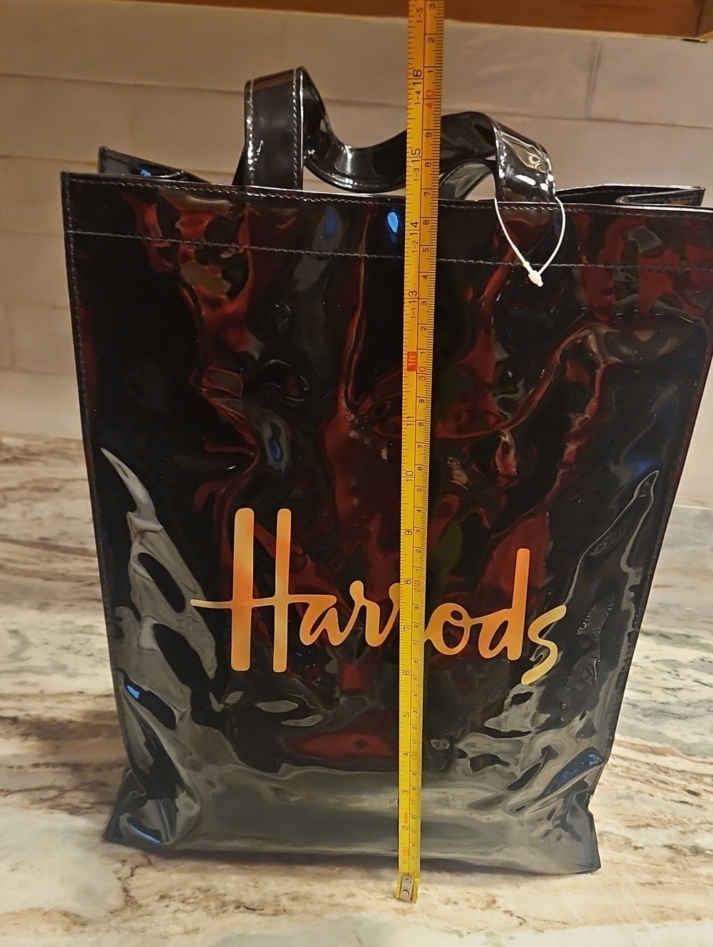Harrods Black Plastic Tote - Vintage - Lined - Zip Pocket - Picture 2 of 11